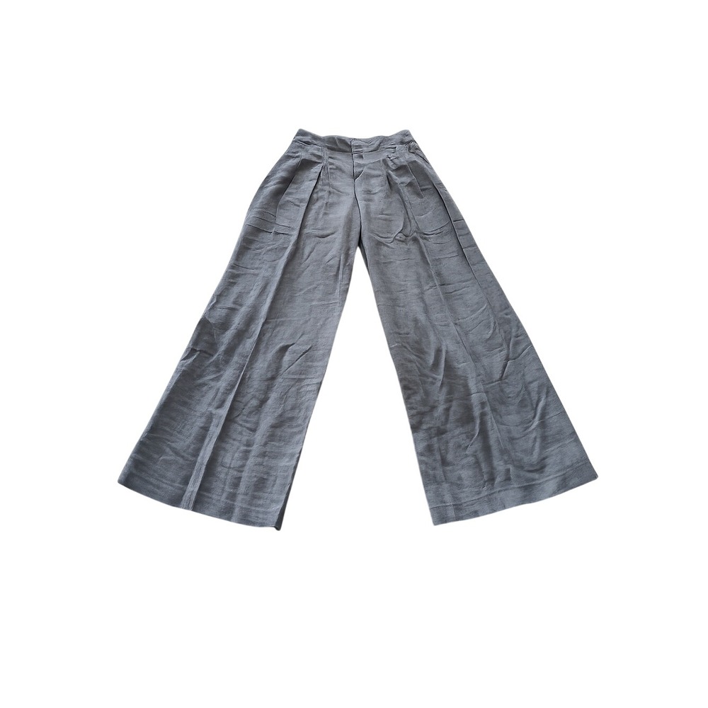 Halston Gray Linen Blend Wide Leg Pleated Pants Size 14 High Rise Palazzo
